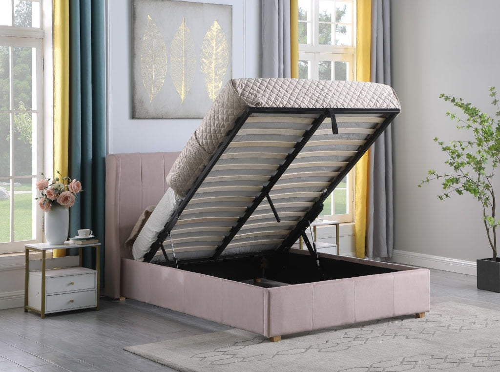 Amelia Plus 4'6" Storage Bed Pink Velvet Fabric