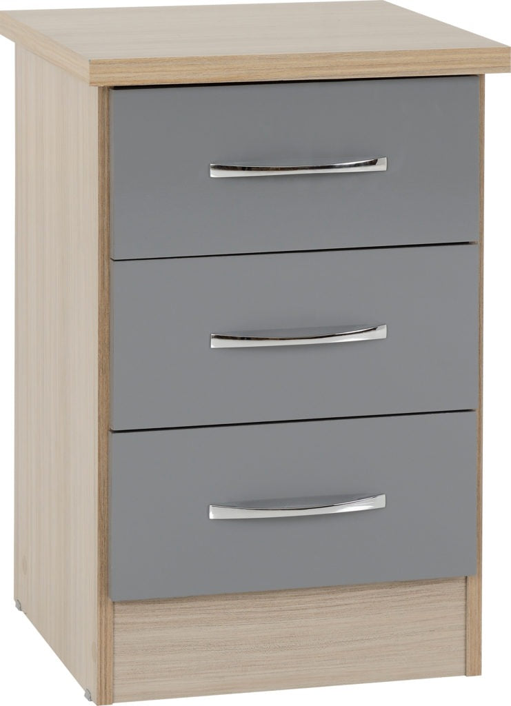 Nevada 3 Drawer Bedside Chest Grey Gloss & Light Oak Effect Veneer