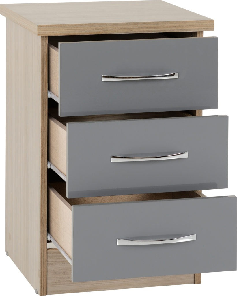 Nevada 3 Drawer Bedside Chest Grey Gloss & Light Oak Effect Veneer
