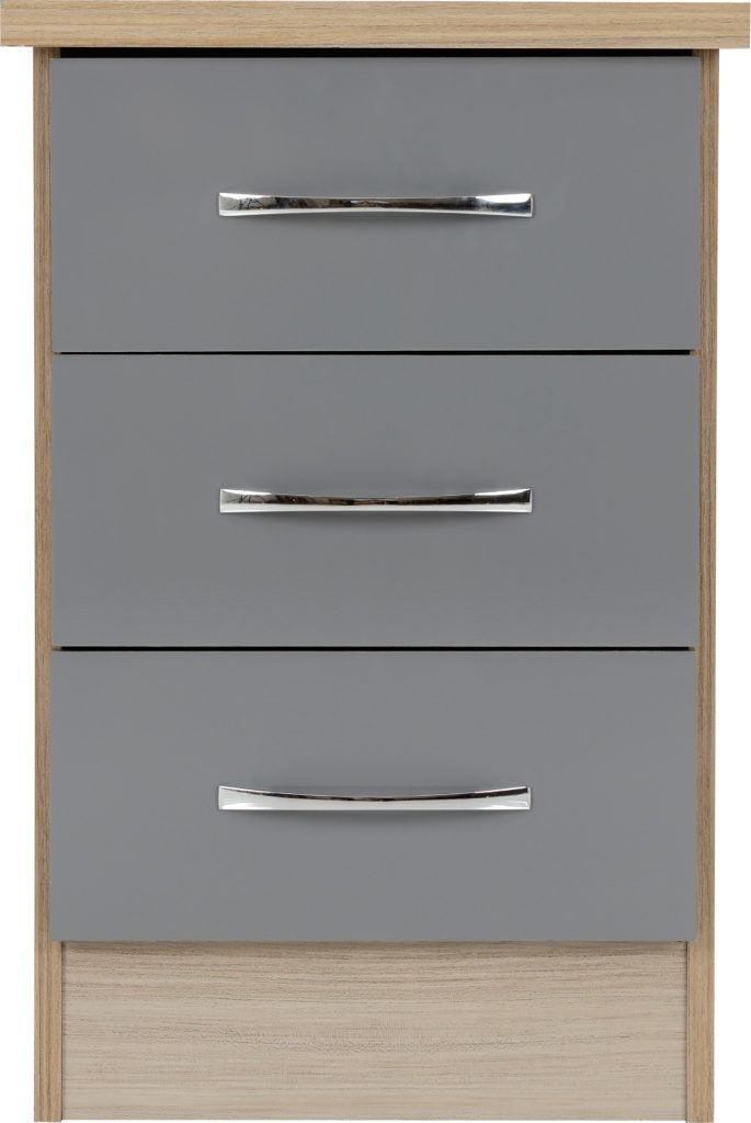 Nevada 3 Drawer Bedside Chest Grey Gloss & Light Oak Effect Veneer