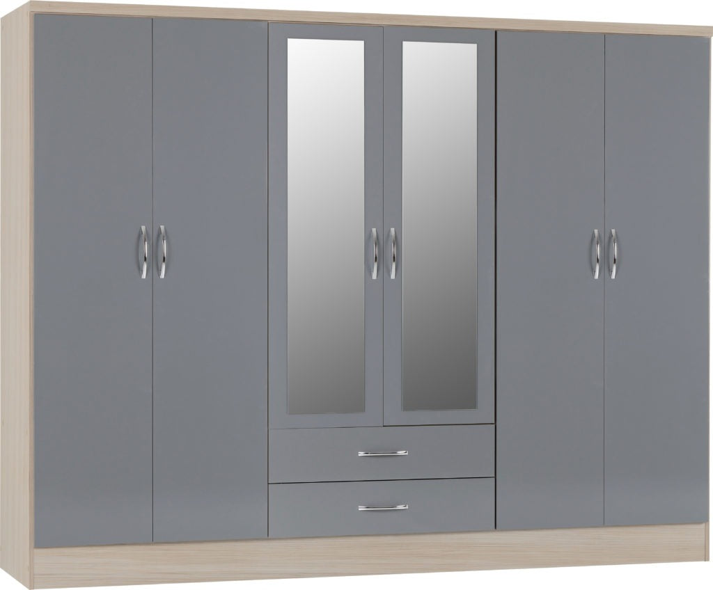 Nevada 6 Door 2 Drawer Mirrored Wardrobe Grey Gloss(Light Oak Effect Veneer)