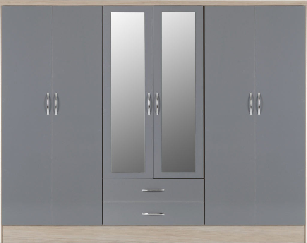 Nevada 6 Door 2 Drawer Mirrored Wardrobe Grey Gloss(Light Oak Effect Veneer)